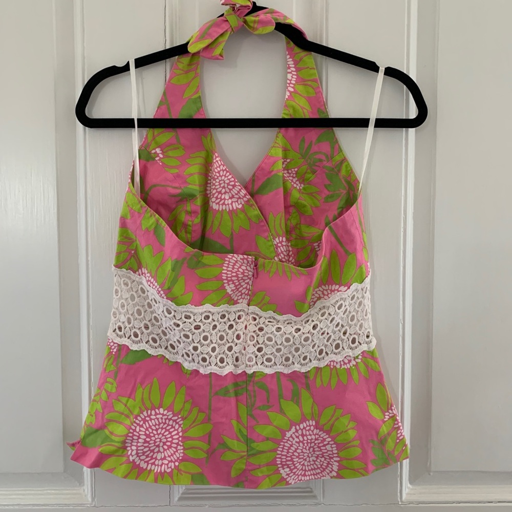 Vintage Lilly Pulitzer halter top. Pink and green with white lace detailing.
